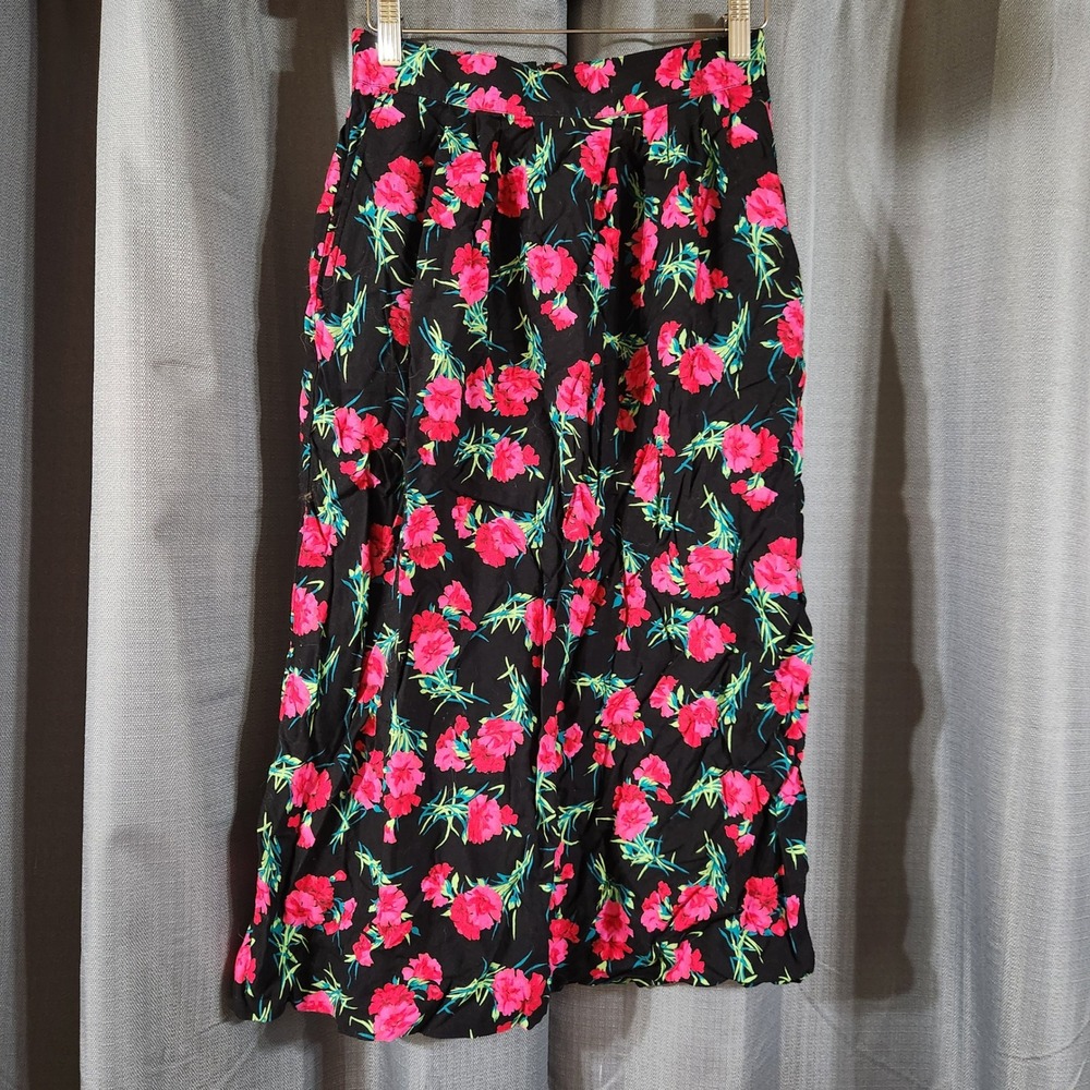 Vintage Norton McNaughton Pink Floral Midi Skirt Black Rayon High Waist Size 10